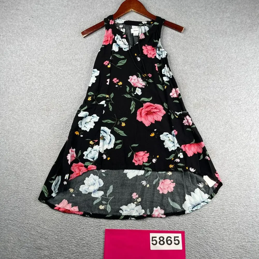 Old Navy Girls Sleeveless Shirt Flowing Tunic Top Black Pink Flowers Small 6/7